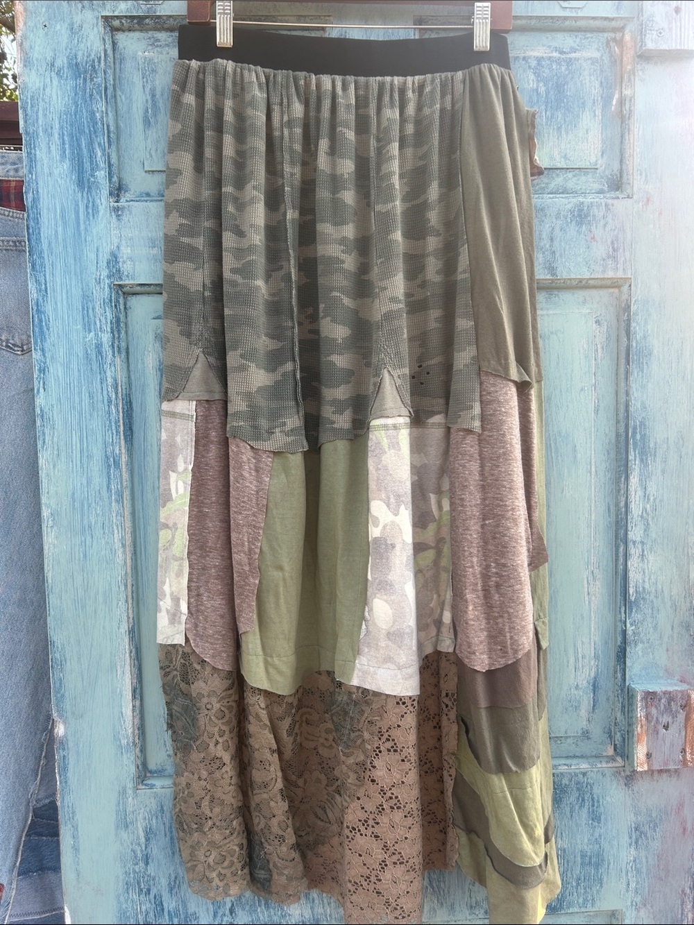Upcycled camouflage and lace patchwork t shirt maxi skirt